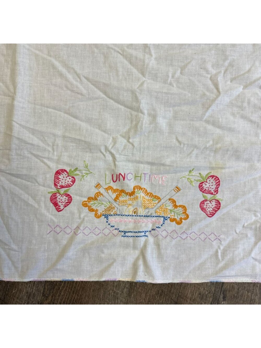 Vintage 1950s Embroidered Strawberry Tablecloth Fruit Square Tea Cloth 38x41 - Picture 7 of 8